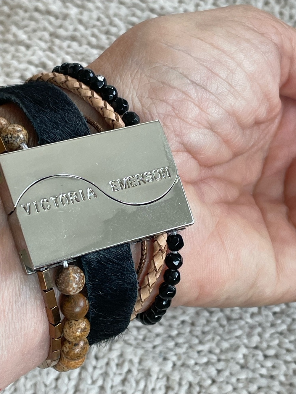 Victoria Emerson Layered Wrap Bracelet in Silver, Black & Tan